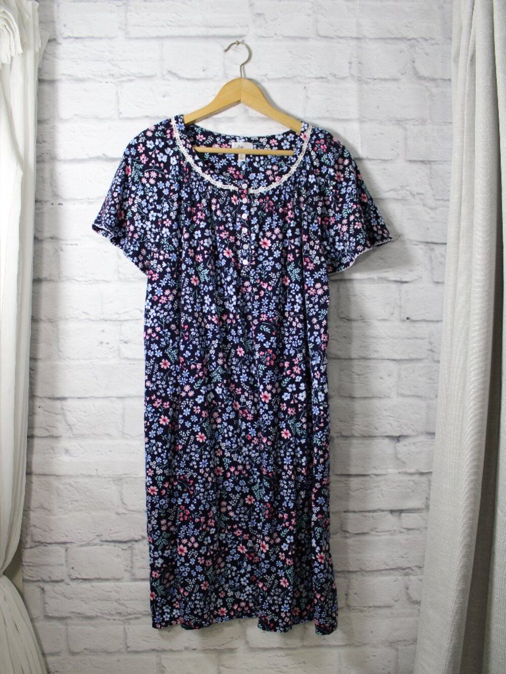 Aria Collection Extra Large navy Floral Round Neck Shortsleeve Cotton Nightgown